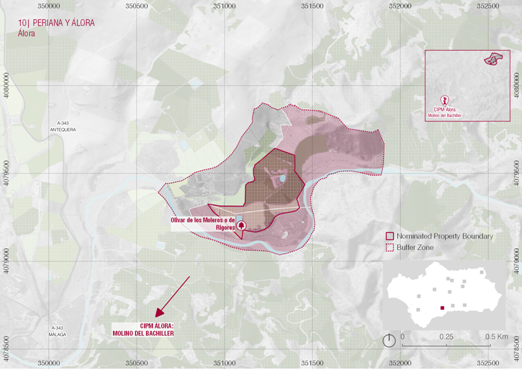 MAPA El entorno de Álora ilustra el fomento del olivar tras la crisis de la filoxera de finales del XIX. Finca olivarera cuyo nombre proviene del apellido de sus propietarios, donde se localizan los ejemplares más característicos y singulares de olivar de variedad manzanilla aloreña también procedentes de injertos.